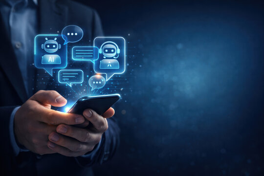 A close-up of a male professional using a smartphone, surrounded by digital chat icons representing AI and chatbot conversations, conveying innovation and technology.