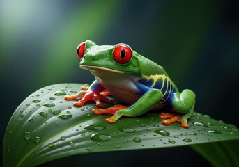 Obraz premium A vibrant red-eyed tree frog rests perched firmly on a large, dew-covered green tropical leaf showing striking camouflage, detailed, amphibian, habitat