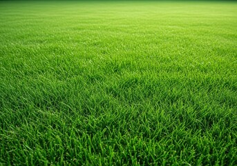 Fototapeta premium A wide, peaceful expanse of vibrant green lawn and healthy, lush grass texture viewed from a low angle, showcasing natural growth, grass, turf, lush