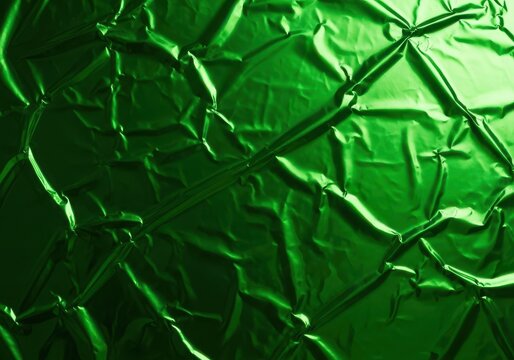 Abstract background showcasing vibrant metallic green foil texture with reflective wrinkled patterns, perfect for luxurious design concepts, foil, unique, reflective