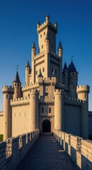Fototapeta premium Detail view of large, imposing medieval stone castle fortress architecture, featuring battlements, ramparts, and defensive towers, massive, stone, castle