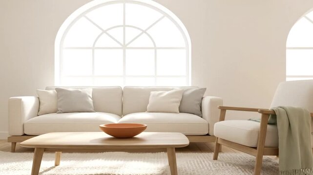 A bright living room with a white sofa and arched window.