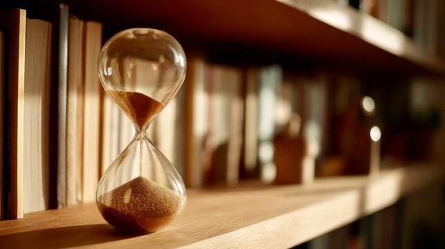 Hourglass on bookshelf with no sand symbolizes paused time, placed in natural light for a contemplative look