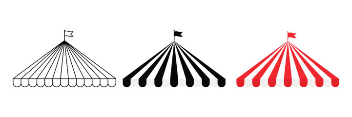 Circus tent icon set featuring striped big top carnival. icon with red and flat black, outline stripes and flag.  © Charles stockio