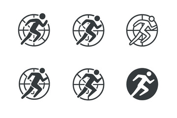 Athlete Analytics Logos. Athlete analytics. Set Logo of Athlete analytics: runner figure over radar chart. harmonious logo variations of the same emblematic