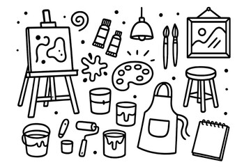 Modern Art Studio Doodles. Modern art studio. Hand-drawn doodle illustration modern art studio easel, paint tubes, palette, brushes, stool, apron, splatter,