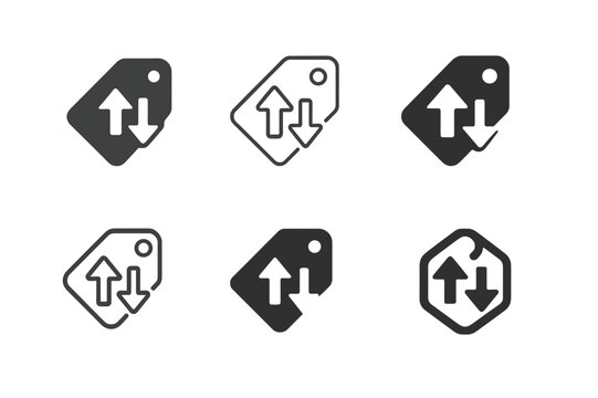 Inflation Deflation Icons. Inflation and deflation. Icon set. Set Logo of Inflation and deflation: price tag with up and down arrows. harmonious logo