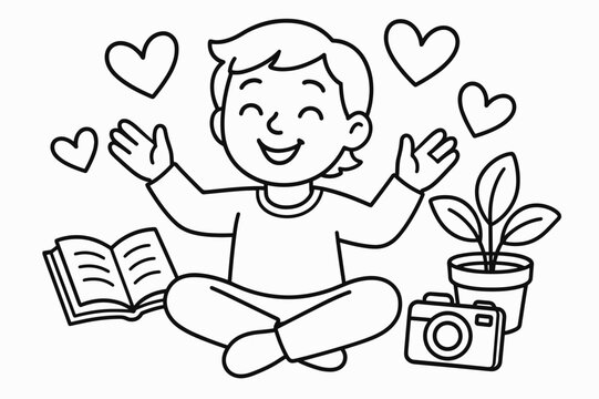 Joyful Solo Activity. Solo polyamory children?s coloring book illustration, outlined drawing, happy person surrounded by hearts, enjoying solo activities,