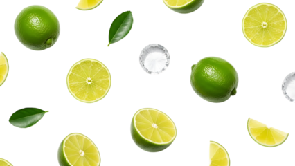 Limes and lime slices with leaves and ice cubes isolated on a transparent background green limes yellow limes 3