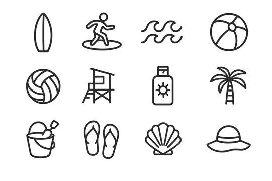 Summer Sports Icons. Summer sports. Line icon set of summer sports: surfboard, surfer, waves, beach ball, volleyball, lifeguard tower, sunscreen bottle, palm