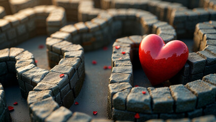 A red heart rests in the center of a winding maze made of stones, symbolizing love's challenges and the path to personal growth on Valentine's Day