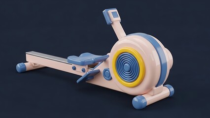 Stylized cartoon rowing machine, pastel pink and blue with yellow accents, fitness equipment concept, 3D render