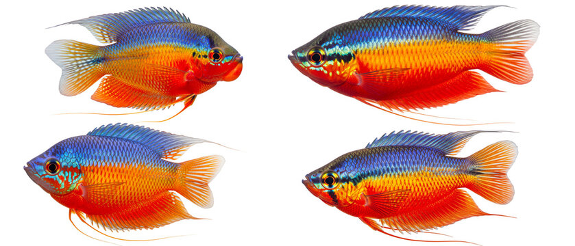 Collection of four colorful Dwarf Gourami fish isolated on a white background.