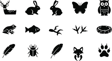 Fototapeta premium Mixed Animal and Nature Silhouette Collection Featuring Deer, Rabbit, Owl, Fish, Fox, Feather, Tracks, and More