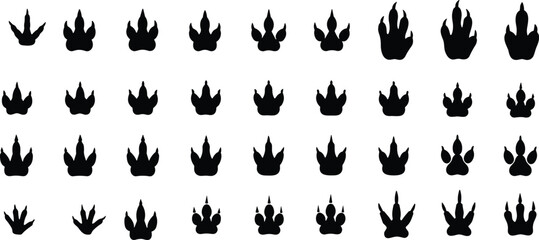 Fototapeta premium Animal Footprint Silhouette Collection Featuring 40 Unique Tracks Including Bird, Mammal, Reptile, and Wildlife Icons