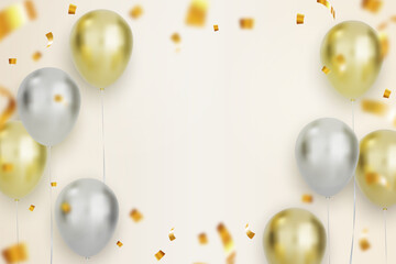 Elegant gold black balloons and golden confetti for birth day celebration card. Vector illustration