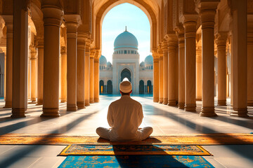 Adult male meditating in sunlit mosque hall with arches and domes, Ramadan