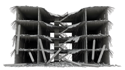 Damaged multi-story concrete building with exposed rebar isolated on a transparent background damaged building