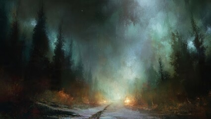 Eerie forest path at night