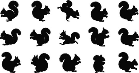 Fototapeta premium Squirrel Silhouette Collection Featuring Fifteen Unique Poses Including Sitting, Standing, Running, and Jumping with Bushy Tails
