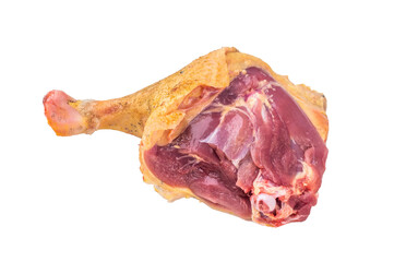 Raw duck leg gamebird with skin isolated on white background top view. Poultry game meat ingredient for roasting and cooking.