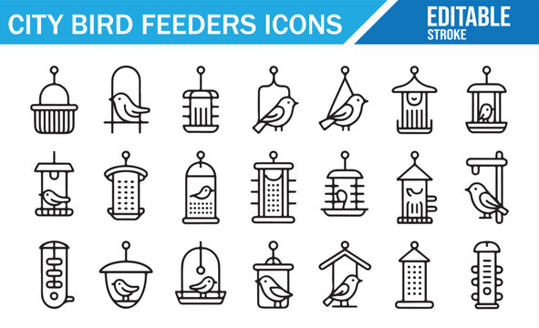 Collection of hanging bird feeder outlines. Editable stroke vector icons for wildlife care.
