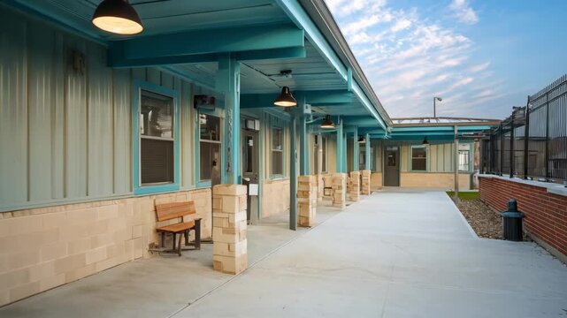 Medium shot of shelter exterior featuring multiple security measures including cameras lighting and access control devices reinforcing overall resident protection.
