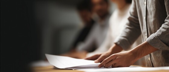Collaborative Meeting Setting with Hands on Table and Documents in Focus