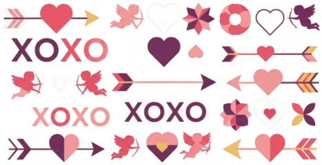 Valentine Valentine day icon set with cupids arrows hearts and xoxo text symbols in pink and purple colors