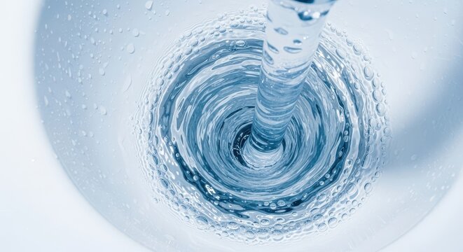 A dynamic close-up shot of clean water vigorously swirling inside a white porcelain lavatory bowl during a high-speed flushing cycle, emphasizing sanitation, technology, resource, restroom