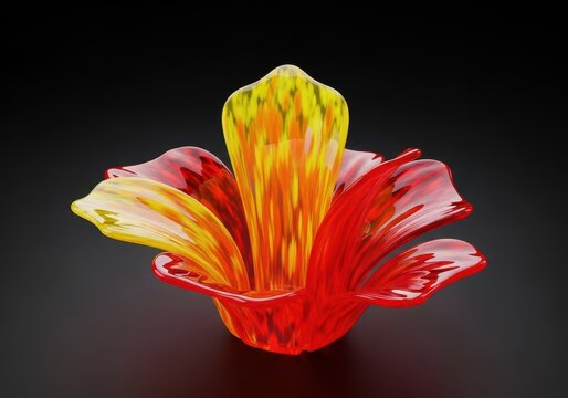 Abstract glass art piece glowing with hot colors, showing molten textures and flowing curves from intense heat working, fine art, craftsmanship, unique