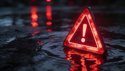 Glowing Red Warning Triangle with Exclamation Mark in Dark Water. 3D Illustration of Danger, Flood Alert and Environmental Crisis Concept. Neon Night Hazard, System Failure and Emergency Sign.
