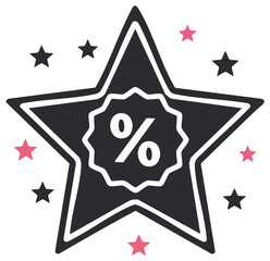 Sale and discount badge with stars illustration, percentage sign. Promo design