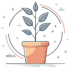 Simple illustration of a plant growing in a terracotta pot with decorative elements