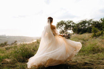 girl are walking in the green hills