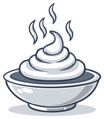 Whimsical cartoon of a steaming bowl of delicious whipped cream dessert illustration