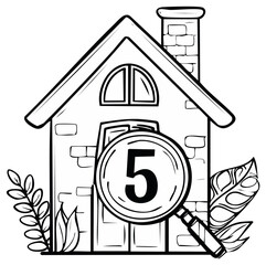 House with magnifying glass and number five. Search or investigation concept.