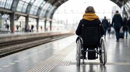 Woman in wheelchair wearing a yellow scarf is waiting at a train station, surrounded by commuters, showcasing accessibility and independence in public transportation