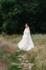 girl are walking in the green hills