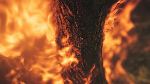 Tree trunk engulfed in flames