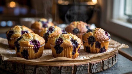 Warm blueberry muffins sit on a tray fresh from the ven