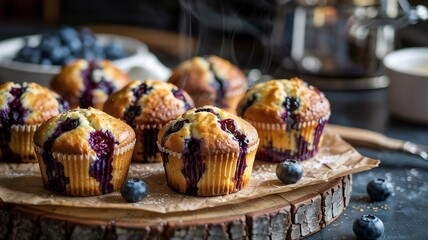 Warm blueberry muffins sit on a tray fresh from the ven