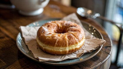 A warm donut waits on a napkin-covered plate