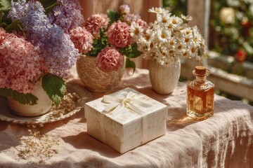 Spring Present Surrounded by Blooming Flowers