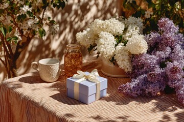Colorful Floral Gift with Ribbon in Spring Atmosphere