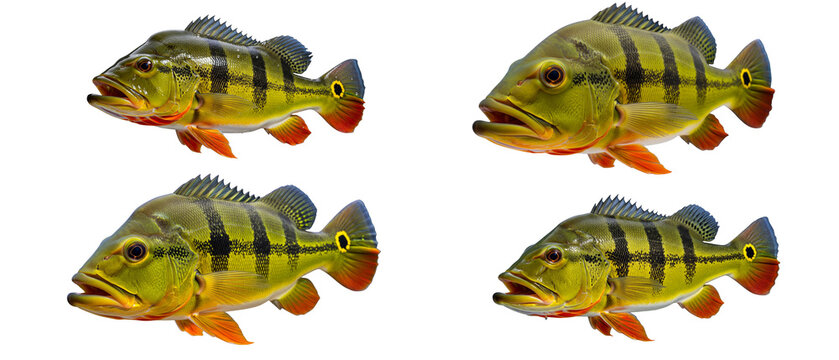 Collection of Four Peacock Bass Fish Isolated on a White Background.