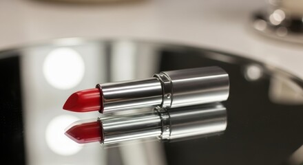 A sleek silver lipstick with a vibrant red tip rests on a reflective surface
