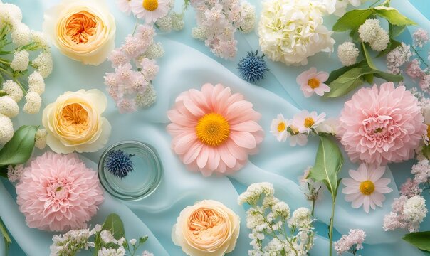 Delicate pastel flowers, including roses and dahlias, arranged on a soft blue silk fabric, symbolizing spring, love, and celebration - Powered by Adobe
