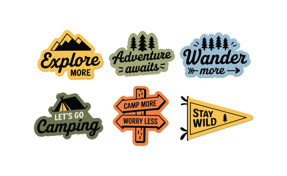 Outdoor adventure badge set featuring camping-inspired quotes and forest illustrations. Ideal for t-shirt designs, stickers, travel gear, patches, and hiking-themed merchandise.