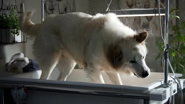 Medium shot of an indoor pet grooming station with advanced washing tools and cozy lighting capturing a calm dog enjoying a gentle bath